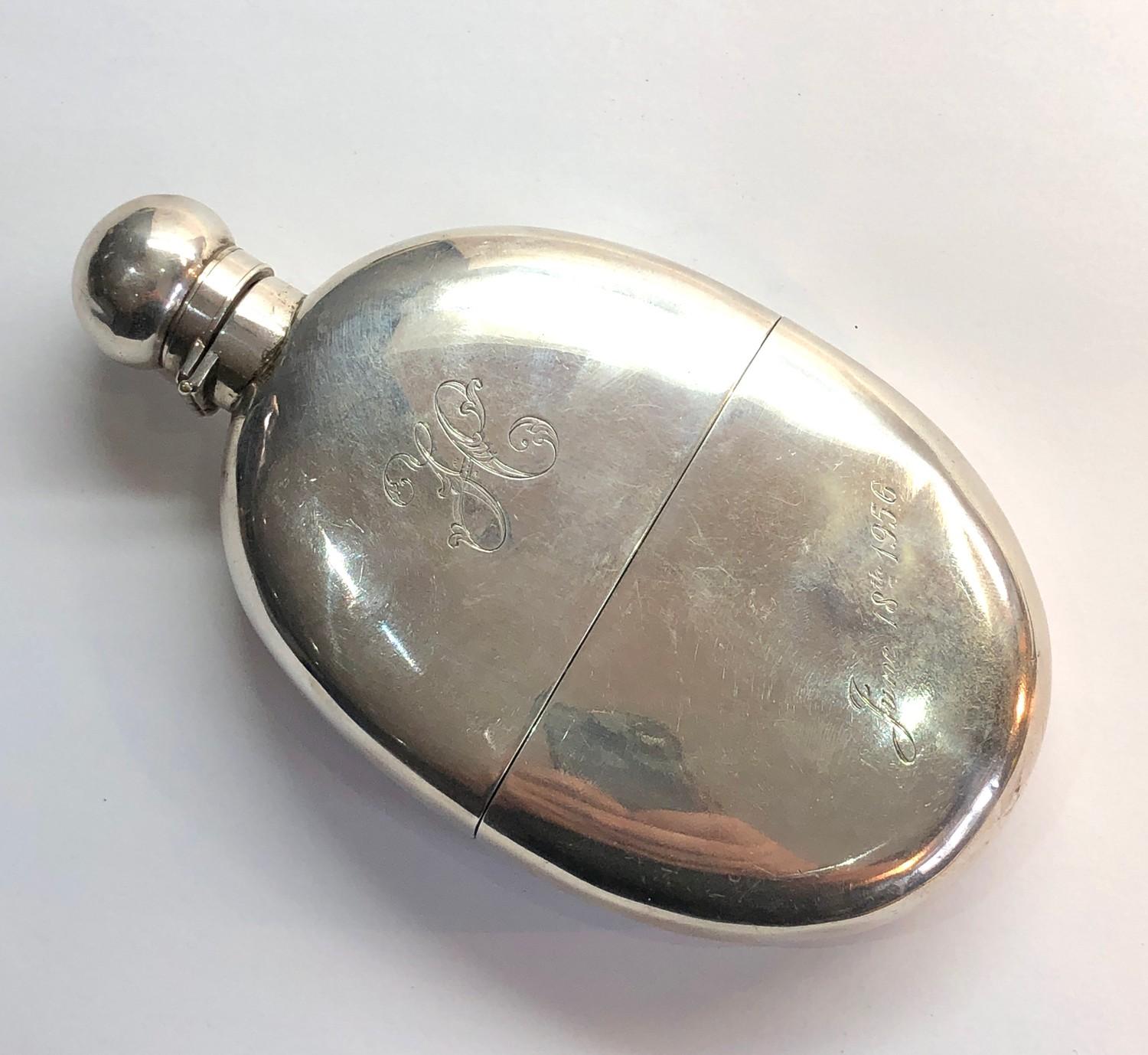 Antique London silver hip flask engraved initials age related marks and scratches rubbed hallmark