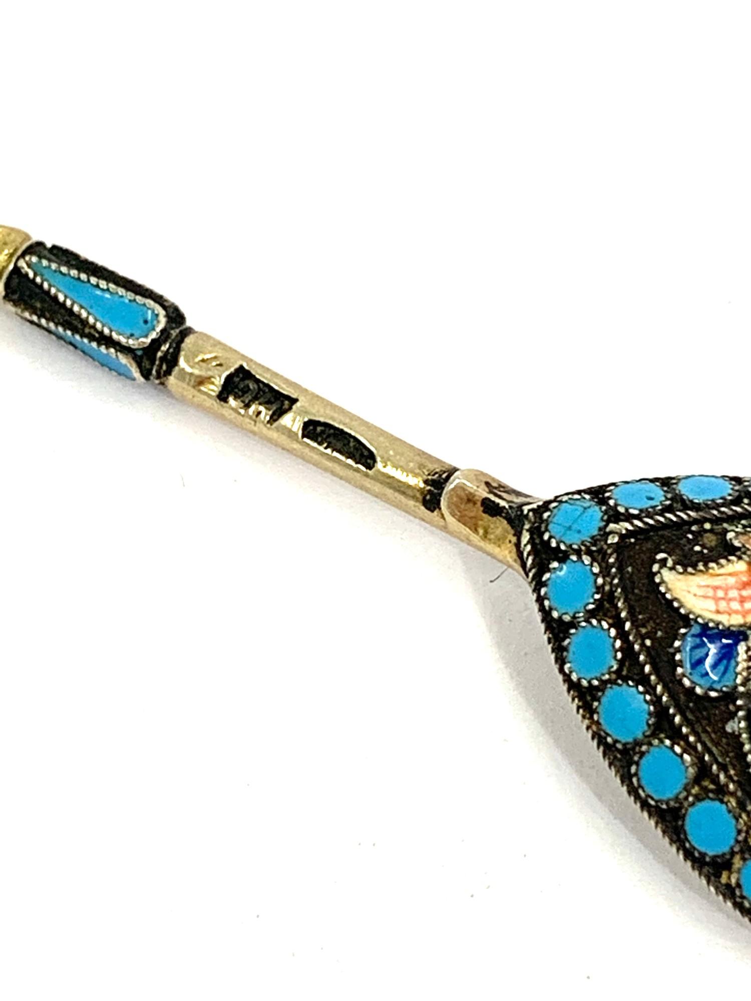 Antique Russian silver and enamel salt spoon Russian silver hallmarks measures approx 7.7cm long - Image 3 of 3