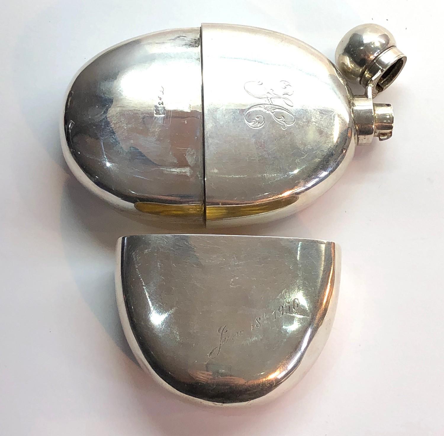 Antique London silver hip flask engraved initials age related marks and scratches rubbed hallmark - Image 3 of 6