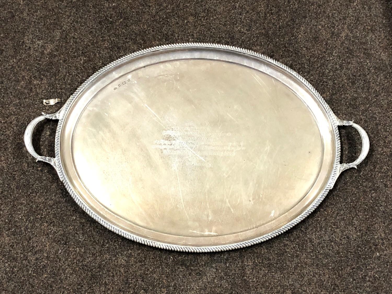 Large double handle silver tray Birmingham silver hallmarks engraved measures approx 73cm by 47cm w