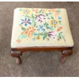 Queen ann antique stool with embroidered tapestry top