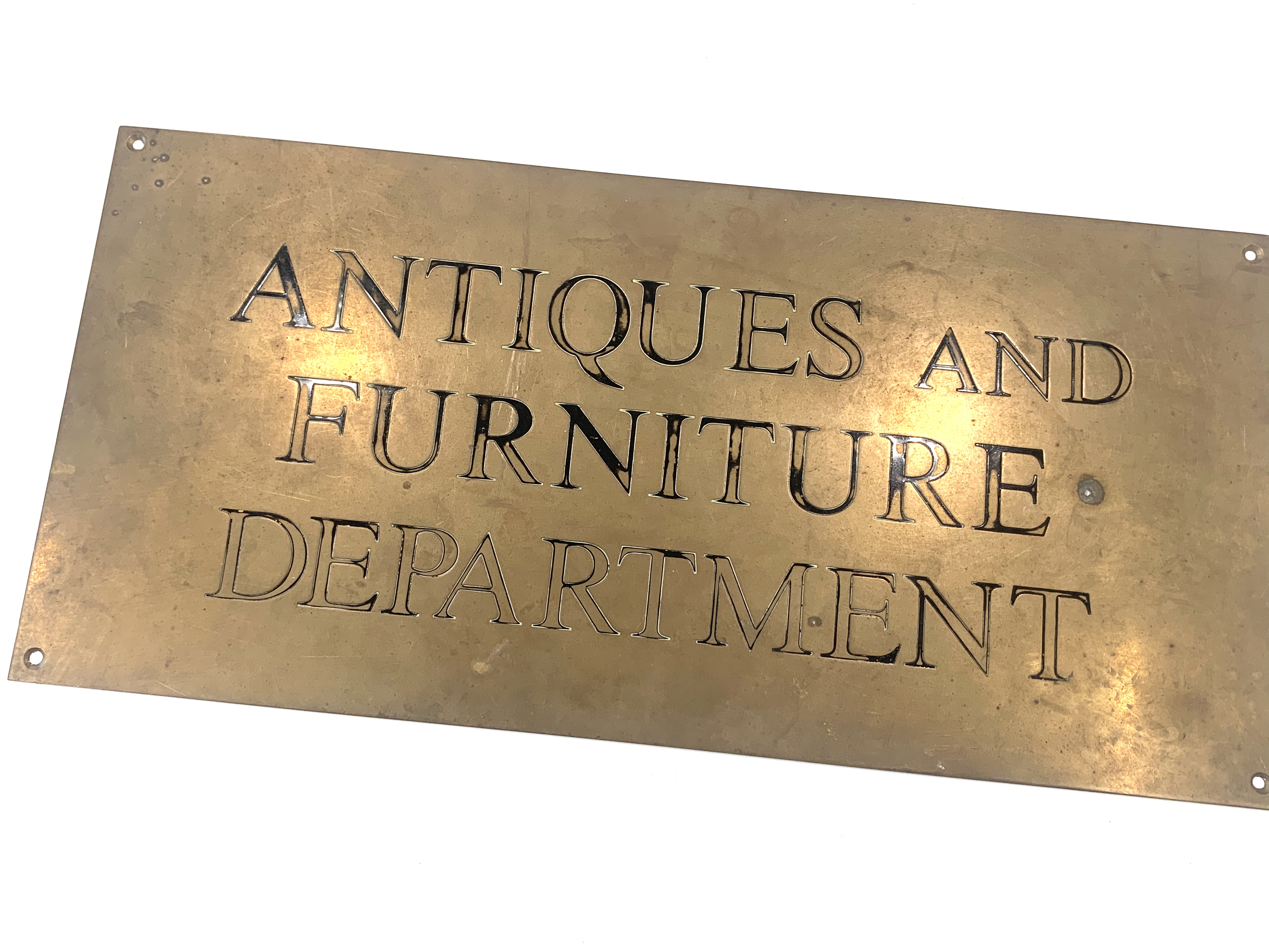 Mid 20th Century brass plaque - possibly from a Department Store. ANTIQUES & FURNITURE DEPARTMENT. - Image 2 of 3