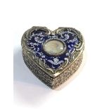 Fine victorian silver & enamel heart shaped trinket box set with portrait miniature in lid