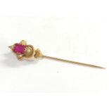 Antique 18ct high carat gold stone set stick pin set with pearls and pink stone measures approx 7.