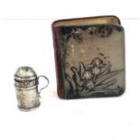 Miniature silver front bible and miniature silver tankard salt pot