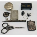 Antique sterling silver items, vesta/ stamp case, scissors etc