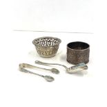 Selection of silver items includes napkin ring, sugar tongs etc approximate weight 94.1g
