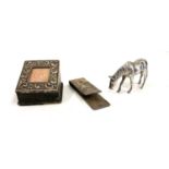 3 silver items includes stamp box tiffany & co money clip and hallmarked silver miniature horse