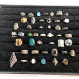 Tray of 45 antique vintage silver rings set with semi precious and paste stones please see images