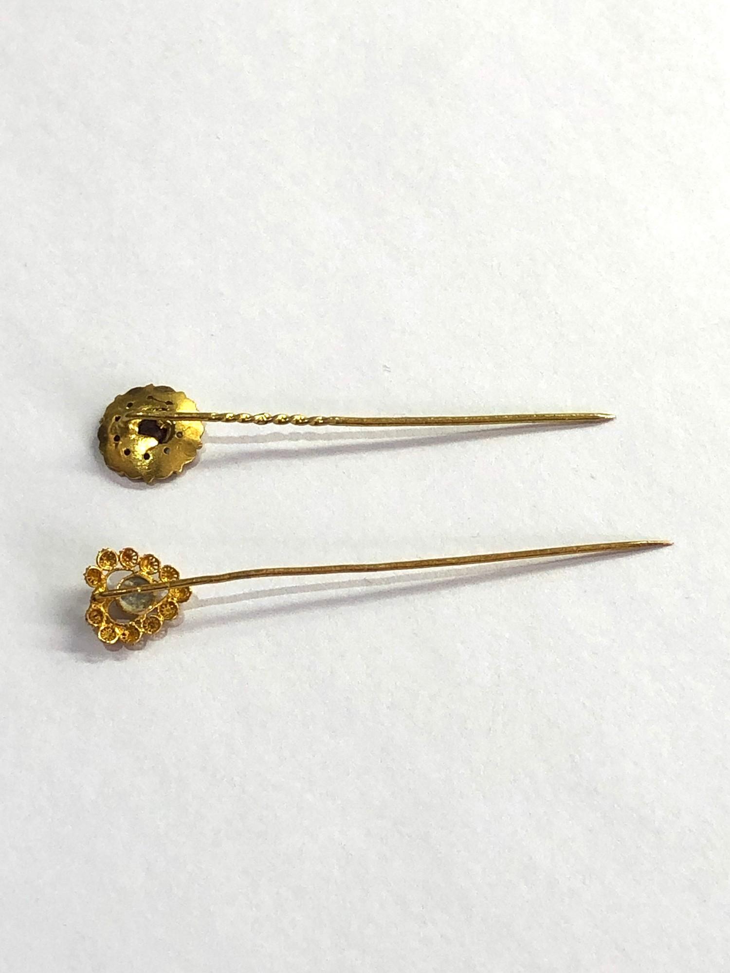 2 antique dutch gold stick pins acid test at least 14ct one set wit pearl the other an amethyst - Image 2 of 3