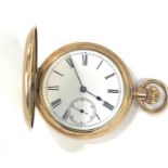 Antique gold plated full hunter Waltham mass pocket watch the watch winds and ticks but no
