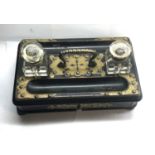 Antique brass bound inkwell stand and inkwells single draw cut glass inkwells measures approx 28cm