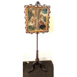 Fine Victorian mahogany pole screen, embroidered scenic screen on ornate fancy pole