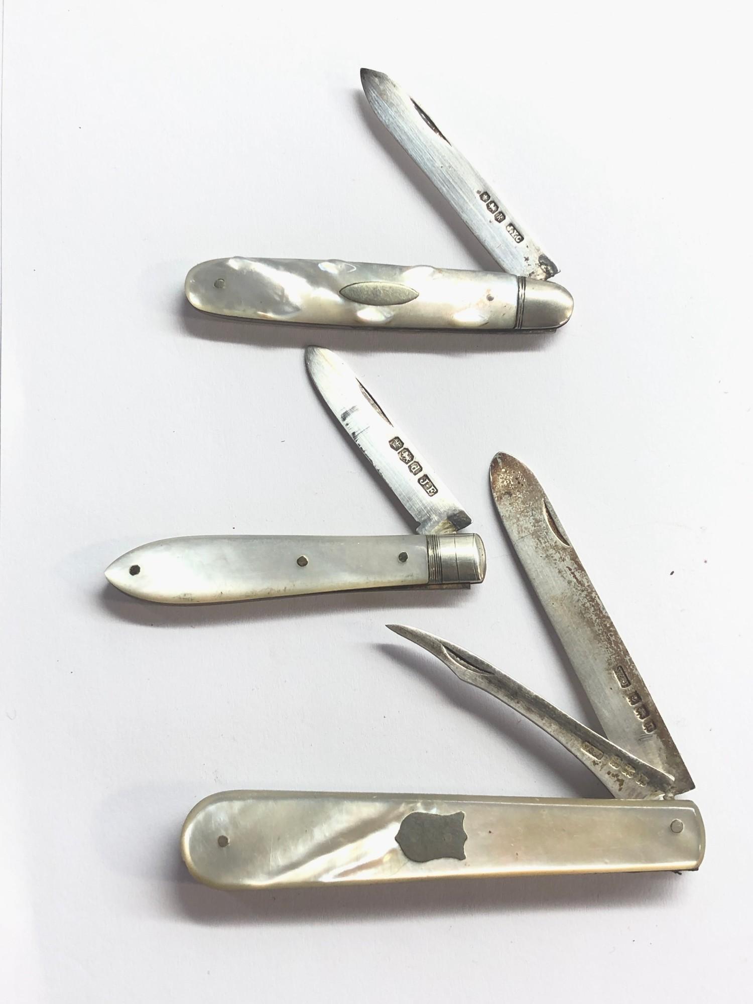 3 antique silver and mother of pearl fruit knives