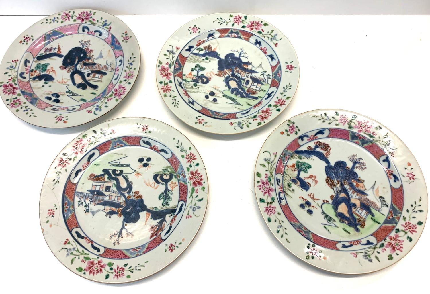 4 Period Chinese plates each measure approx 22.5cm dia one plate has hairline cracks