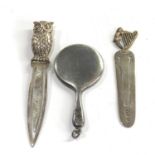 2 Silver page markers and a miniature silver mirror