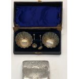 Silver salts boxed and silver cigarette case total weight 131g