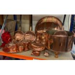 Large selection of copperware, to include 2 small copper kettles etc