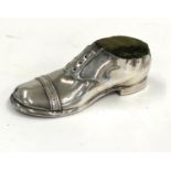Large antique silver shoe pin cushion, chester silver hallmarks