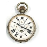 Large antique goliath calendar pocket watch, watch not winding but will when shaken, nickel case
