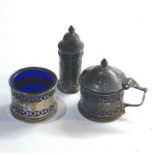 Silver cruet set with blue glass liners Birmingham silver hallmarks