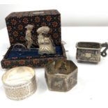 Selection of Chinese silver includes boxed filigree silver rickshaw, mustard pot etc