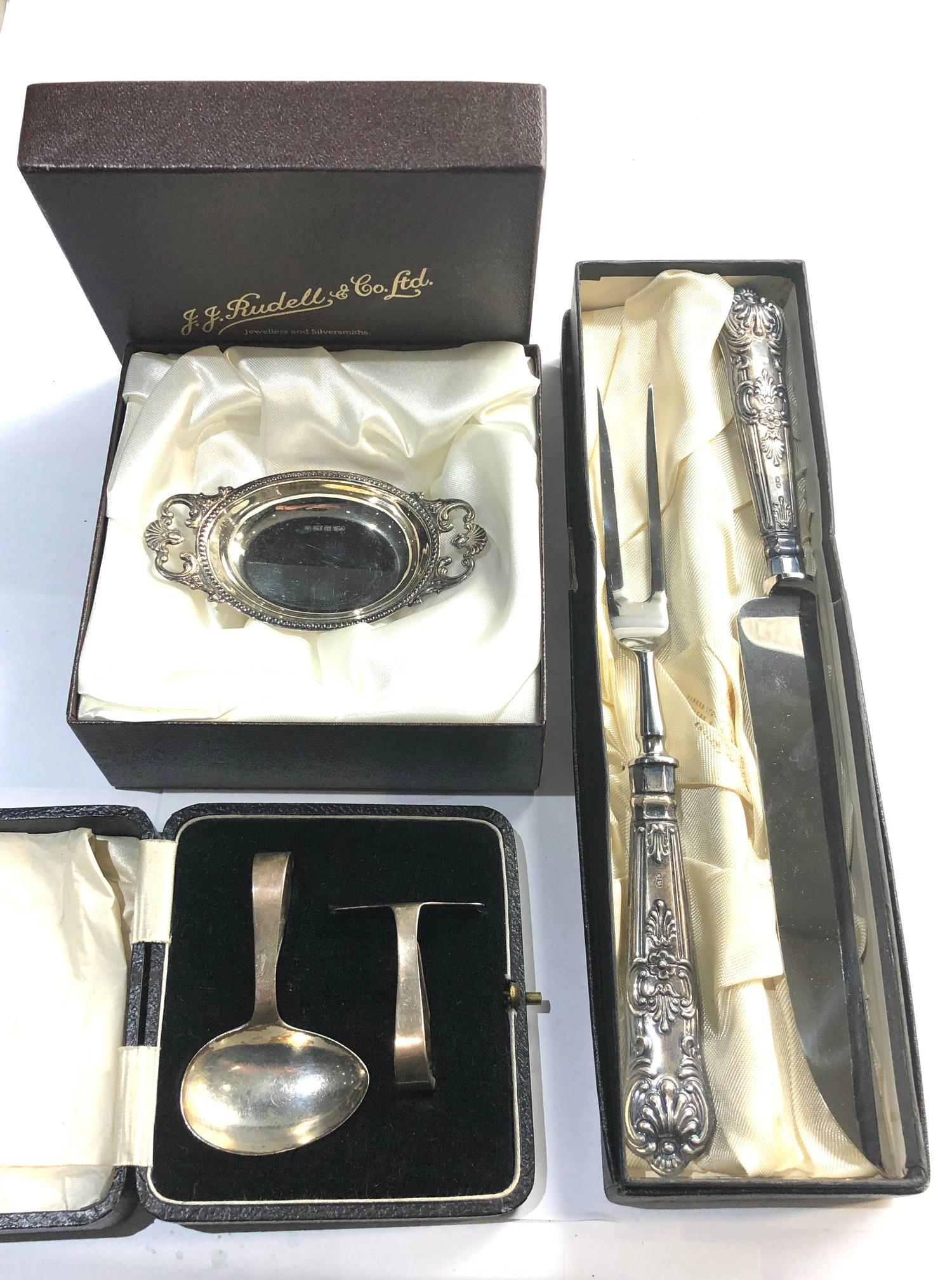 3 Boxed silver items includes baby feeder sweet dish and silver handled carving knife and fork - Image 2 of 2