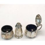 Vintage silver cruet set complete with blue glass liners and spoons Birmingham silver hallmarks