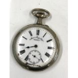 Antique goliath pocket watch by Doxer London, Nickel case engraved on back, watch winds when put