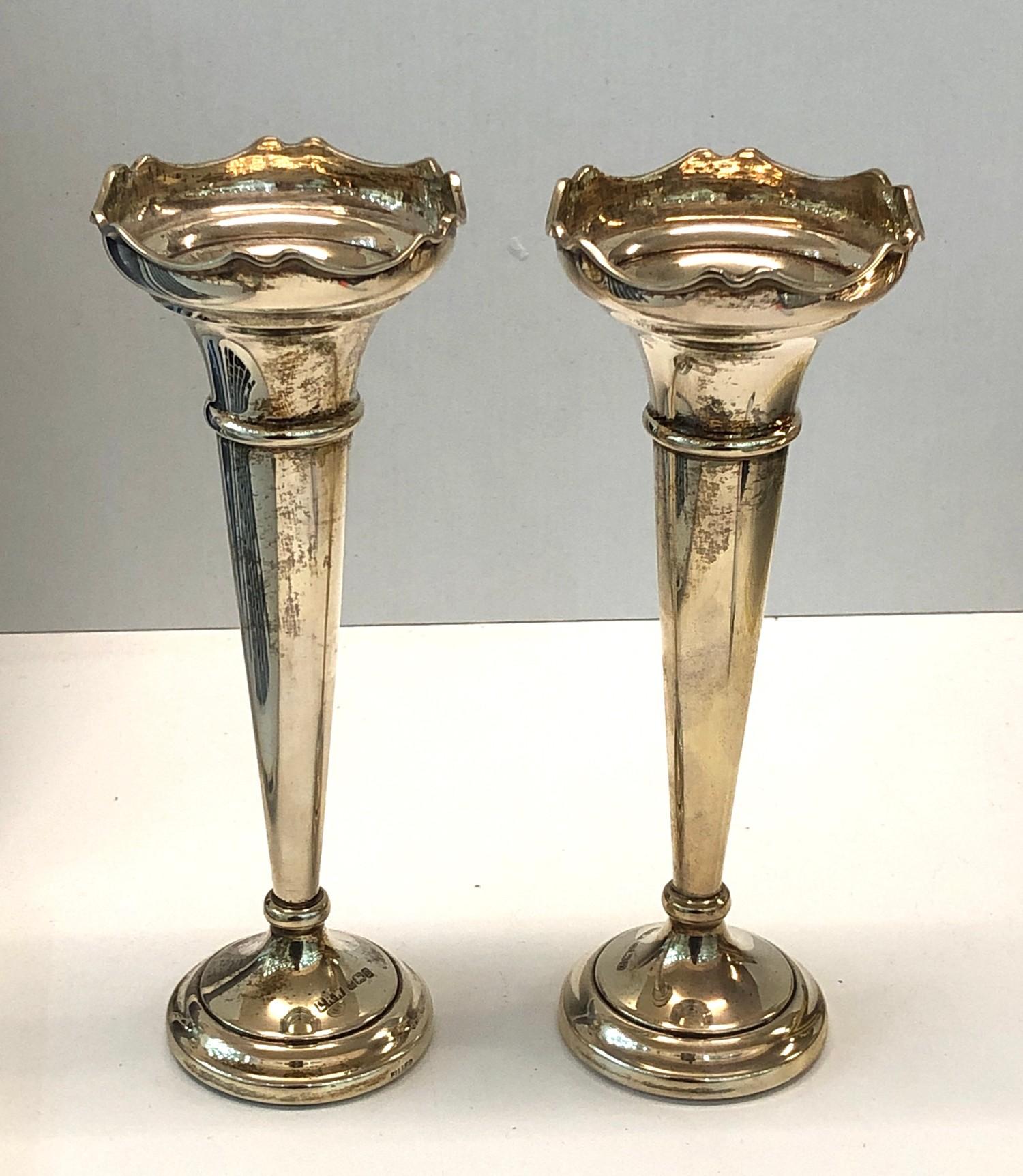 Pair of silver trumpet vases each measures approx 16cm tall Birmingham silver hallmarks please see - Image 3 of 3