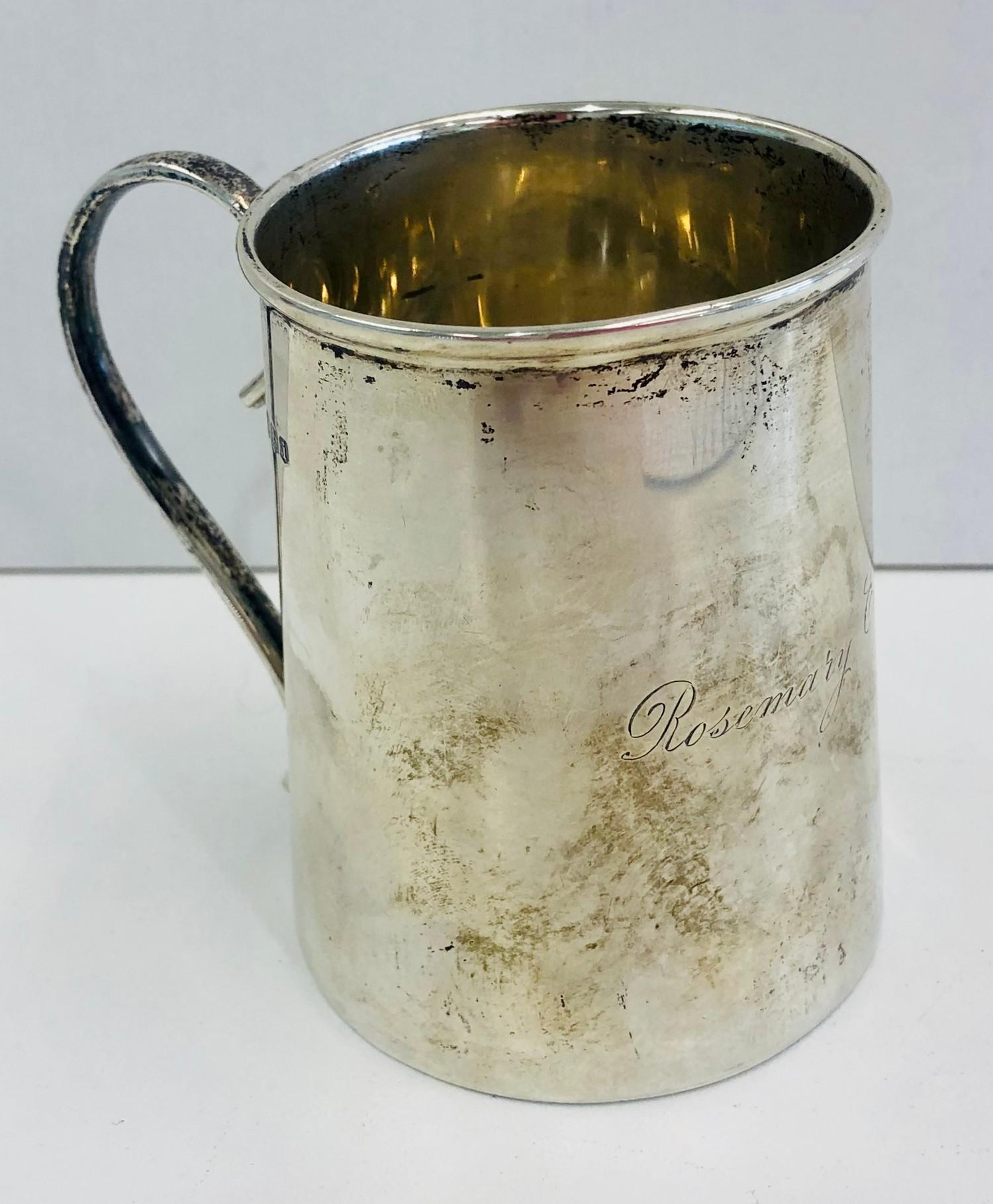 Antique silver mug sheffield silver hallmarks engraved name small crease weight 115g height 8.3cm