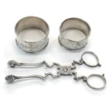 Antique silver sugar nips / scissors and 2 silver napkin rings weight 70g