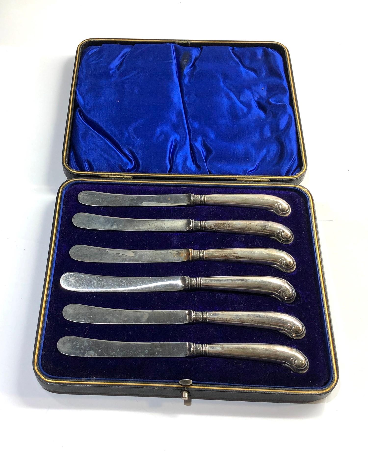 Boxed pistol grip silver handled knives Birmingham silver hallmarks please see images for details