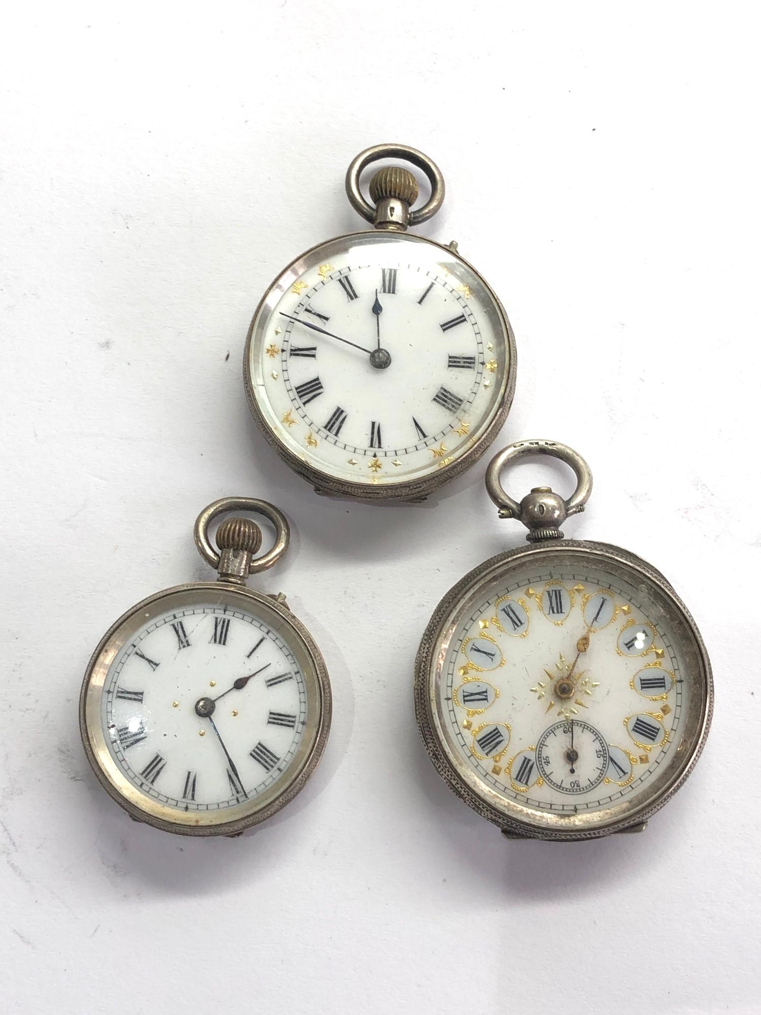 3 Antique silver fob watches all complete non working spares or repair please see images for details