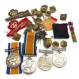 Selection of ww1 and ww2 medals badges etc ww1 medals named to 17122 cpl h.potts notts and derby and