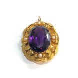 Large antique 18ct gold amethyst and pearl pendant measures approx 4.5cm by 3.5cm amethyst