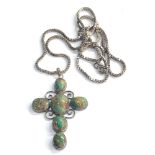 Antique silver and turquoise stone set cross on silver chain cross measures approx 65mm by 48mm