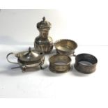 Silver salt. mustard and napkin rings no glass liners weight 110g