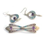 Silver and enamel amethyst set earrings and brooch