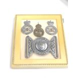 Vintage Halifax police belt buckle and badges framed includes Palestine police , West Yorkshire