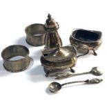 Silver items includes cruet set and 2 napkin ring mustard missing blue glass liner