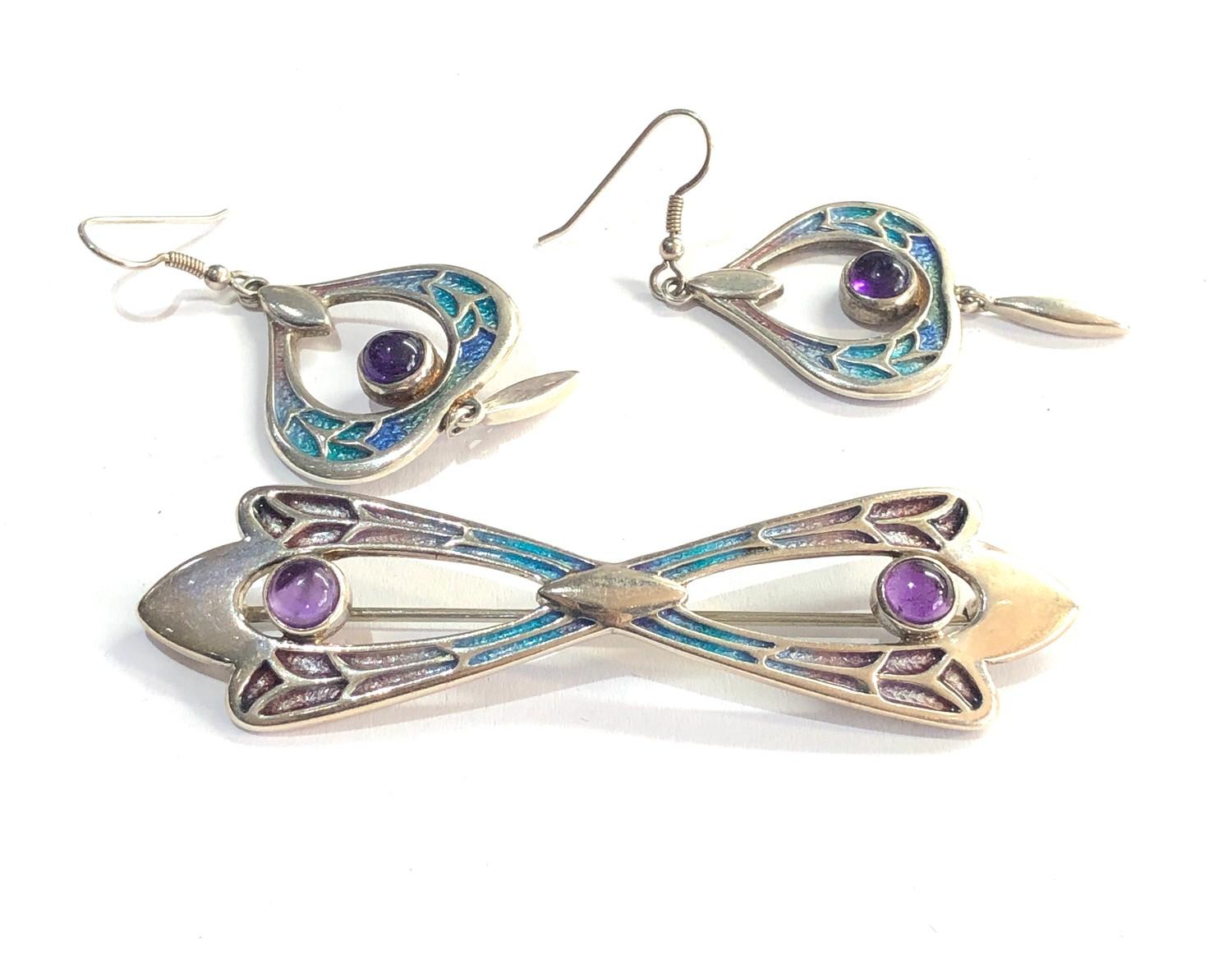 Silver and enamel amethyst set earrings and brooch - Image 2 of 3