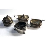 Selection of silver mustard and salt pots no glass liners weight 120g