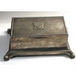 Large heavy table silver cigarette box engraved box measures approx 24cm by 16cm and 9cm high wood