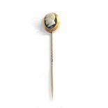 18ct gold hard stone cameo stick pin measures approx 8cm head measures approx 20mm by 15mm not