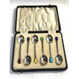 Set of 6 boxed silver and enamel tea spoons Birmingham silver hallmarks