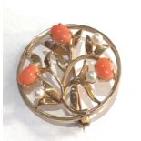 Vintage 9ct gold coral and pearl brooch measures approx 31mm da