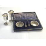 Silver items includes 2 small silver goblets height 7cm and boxed silver salts boxed