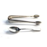 Antique Scottish silver sugar tongues and silver tea spoon