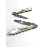 2 antique silver and mother of pearl handle fruit knives